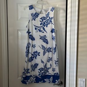 Tommy Bahama Sleeveless Linen Dress blue & white floral size M knee length